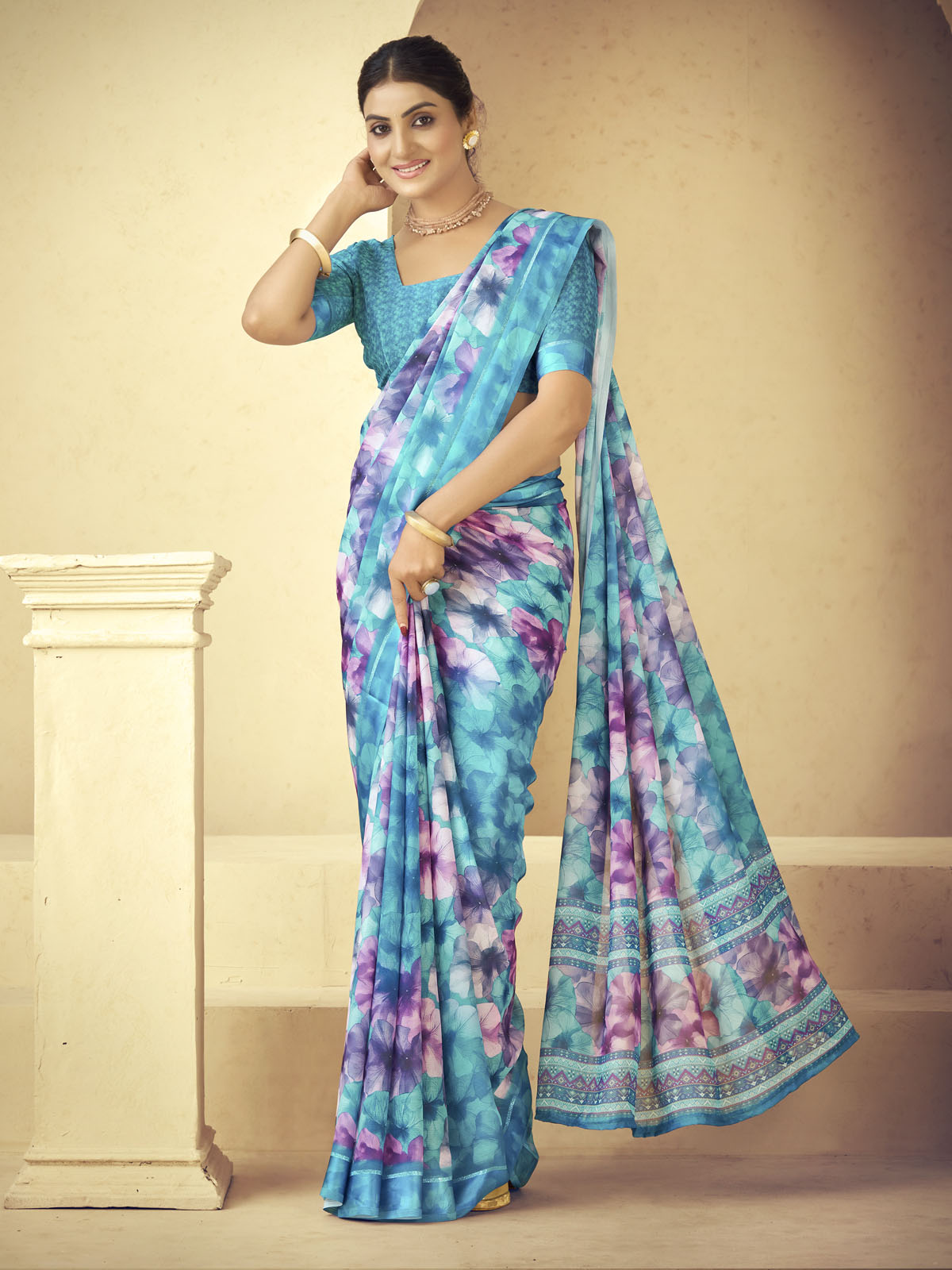 Samriddhi - Aqua Blue Moss Georgette Digital Print Saree with Satin Patta Border