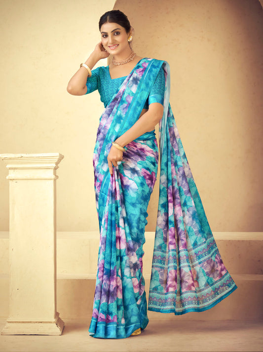 Samriddhi - Aqua Blue Moss Georgette Digital Print Saree with Satin Patta Border