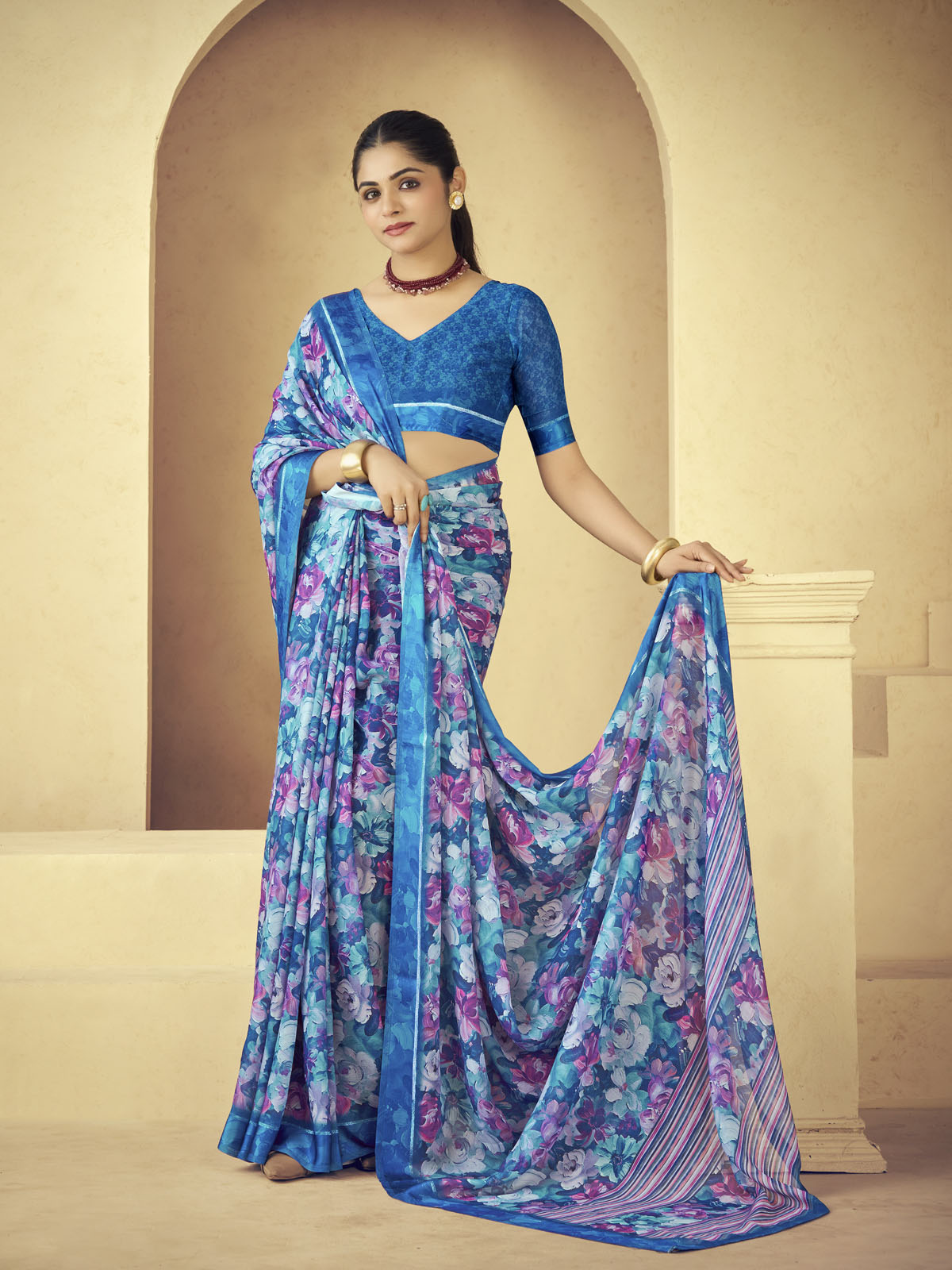 Samriddhi - Blue Moss Georgette Digital Print Saree with Satin Patta Border
