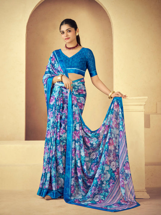 Samriddhi - Blue Moss Georgette Digital Print Saree with Satin Patta Border