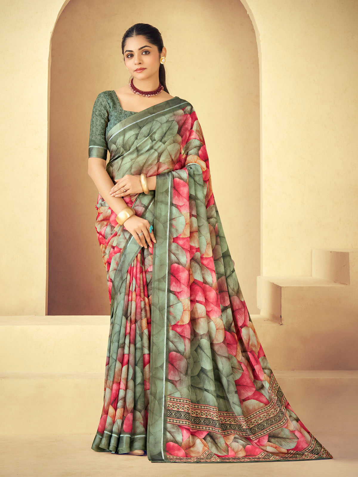 Samriddhi - Olive Green Moss Georgette Digital Print Saree with Satin Patta Border