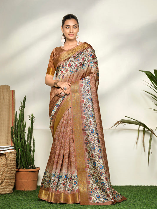 Varnika - Bronze Digital Printed Moss Georgette Saree with Woven Border