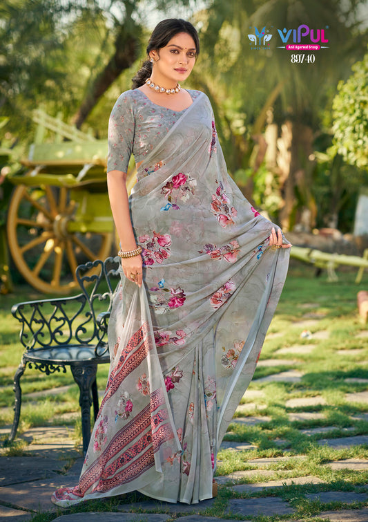 Riddhi - Grey Georgette Floral Digital Printed Saree