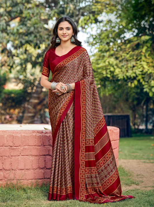 Rajkala - Red Printed Crepe Silk Saree