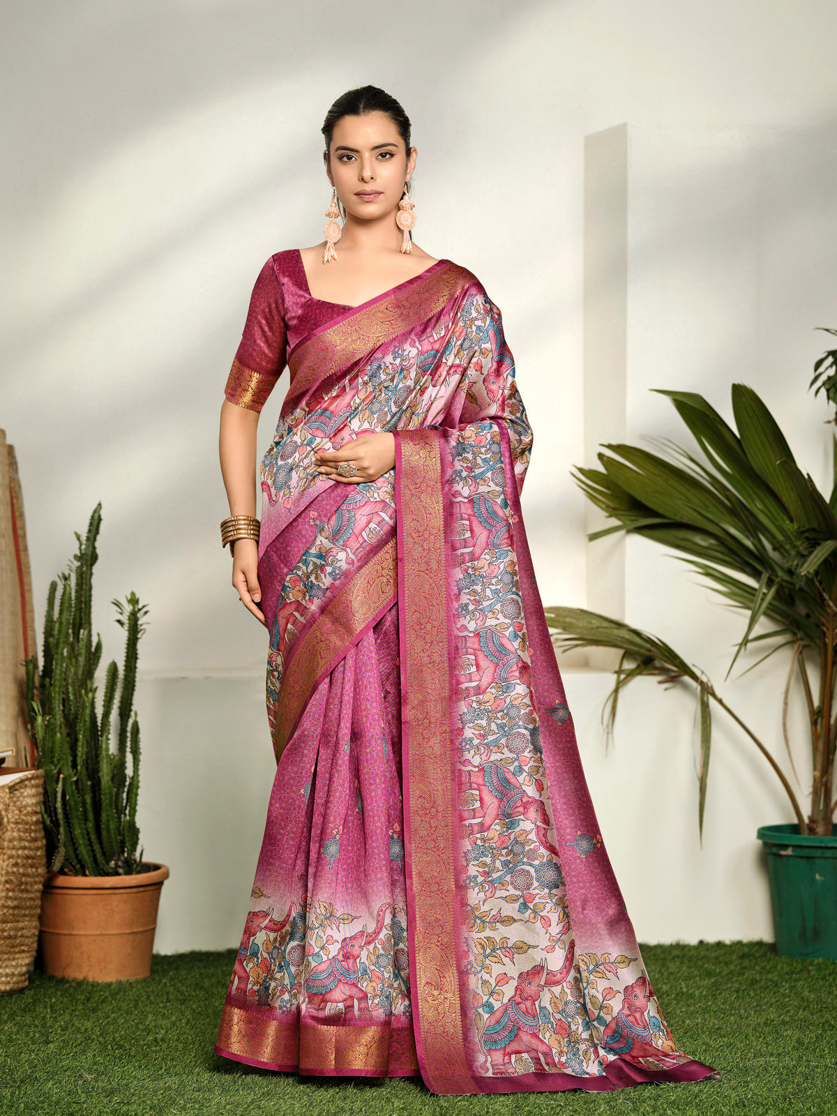 Varnika - Purple Digital Printed Moss Georgette Saree with Woven Border