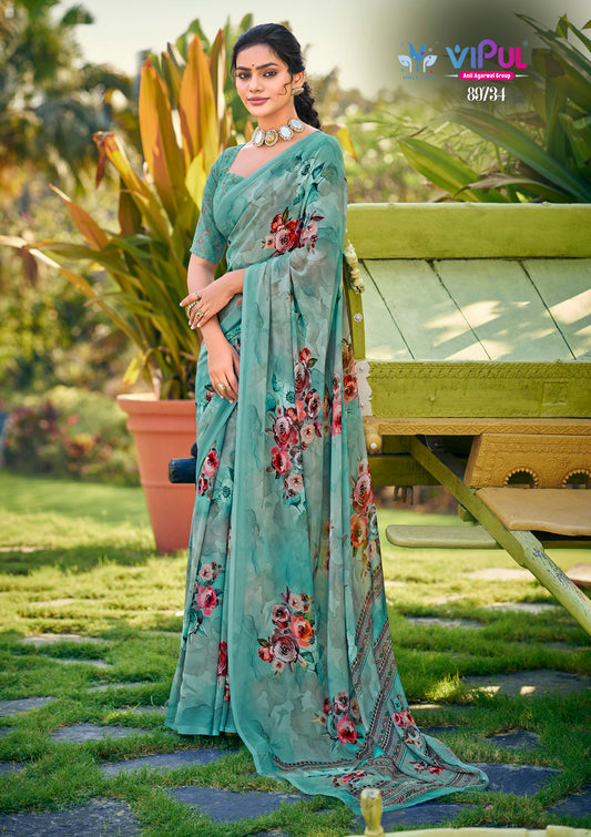 Riddhi - Turquoise Georgette Floral Digital Printed Saree