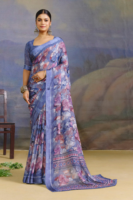 Samriddhi - Slate Blue Moss Georgette Digital Print Saree with Satin Patta Border