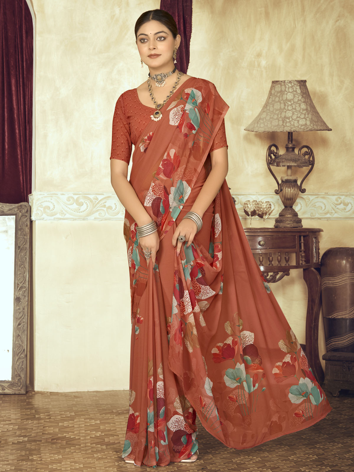 Riddhi - Bronze Georgette Floral Digital Printed Saree