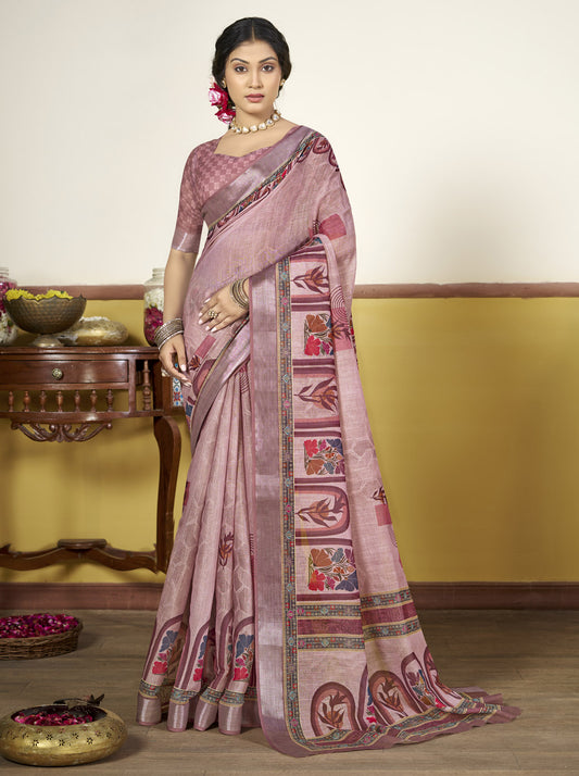 Rachna - Pink Linen Digital Print Saree with Woven Border
