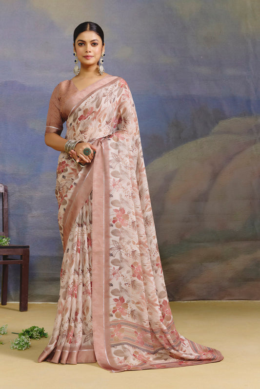 Samriddhi - Tan Moss Georgette Digital Print Saree with Satin Patta Border
