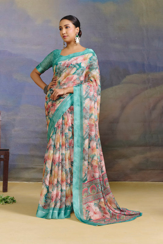 Samriddhi - Turquoise Moss Georgette Digital Print Saree with Satin Patta Border