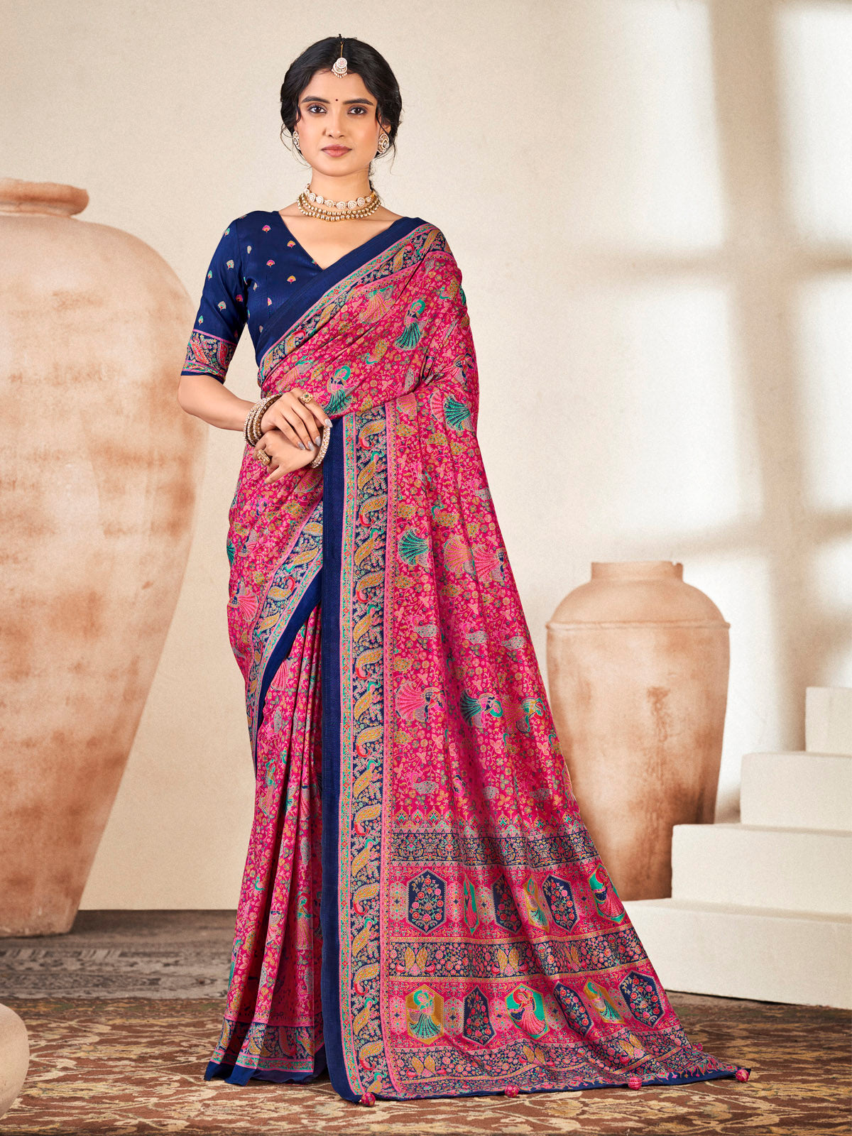 Kumuda - Pink Mysore Silk Jari Printed with Tessals