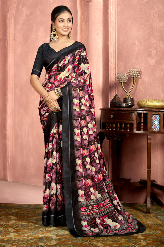 Samriddhi – Black Moss Georgette Digital Print Saree with Satin Patta Border
