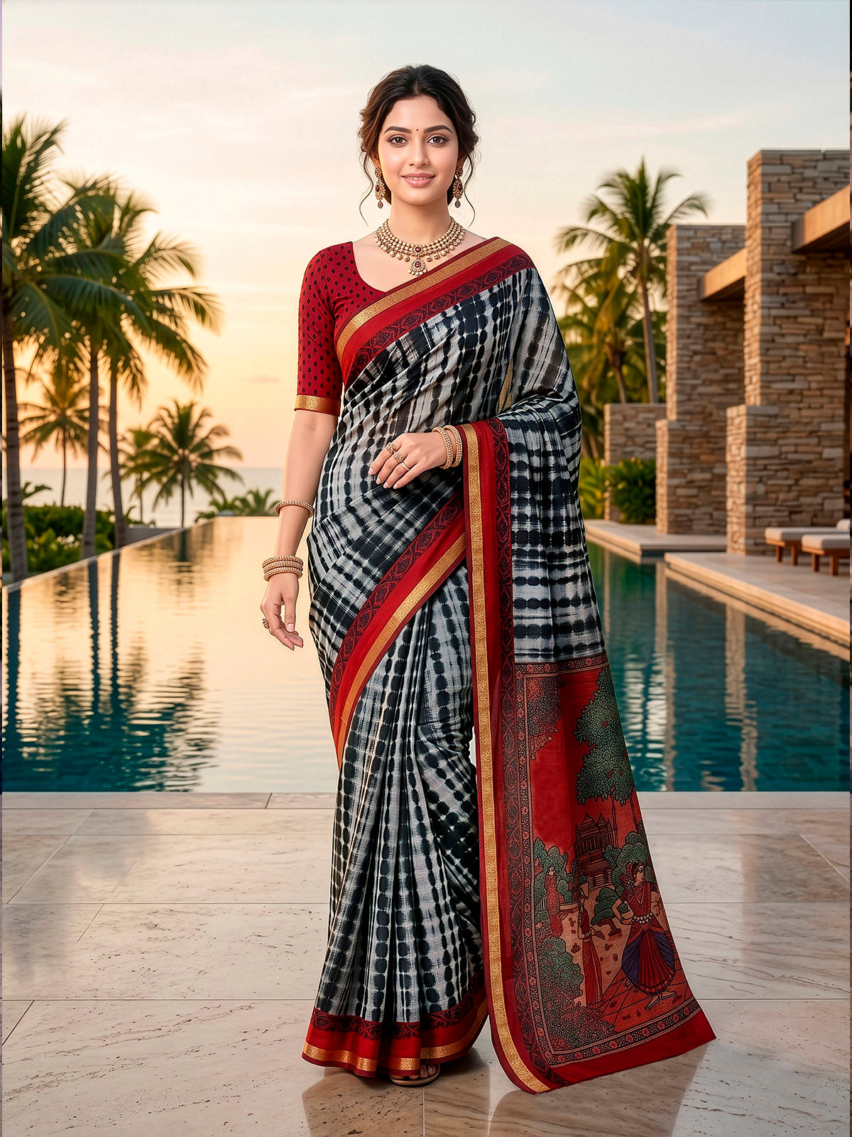 Monalisa - Black Printed Liva Cotton Silk Saree