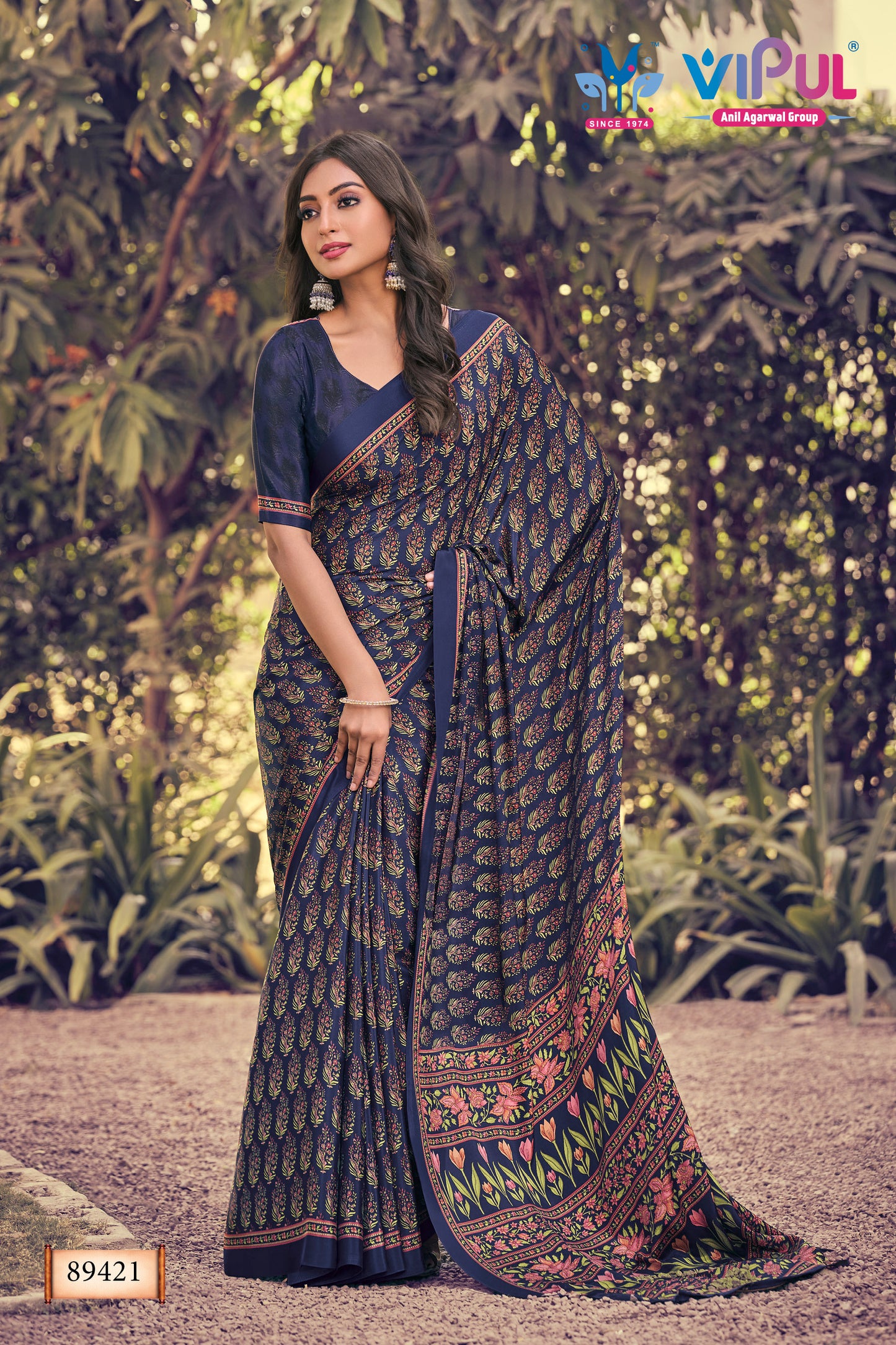 Rajkala - Blue Floral Printed Crepe Silk Saree