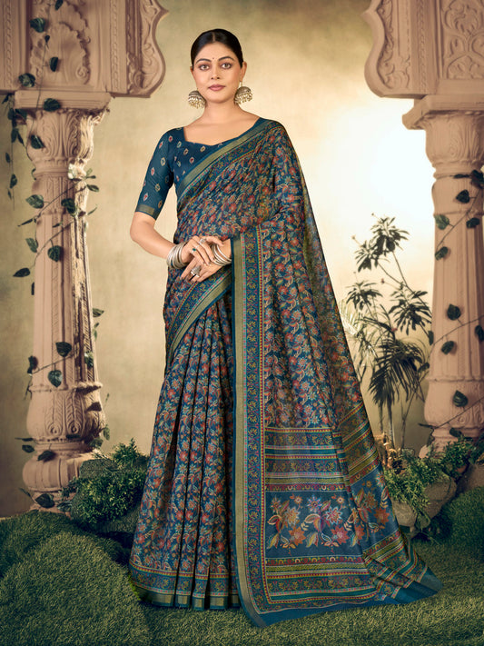 Amrapali - Blue Chanderi Cotton Digital Printed Saree with Zari Border