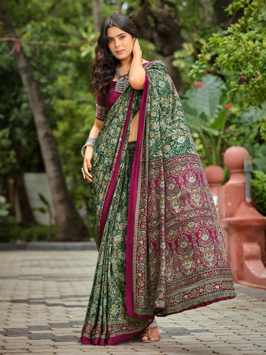 Rajkala - Green Printed Crepe Silk Saree