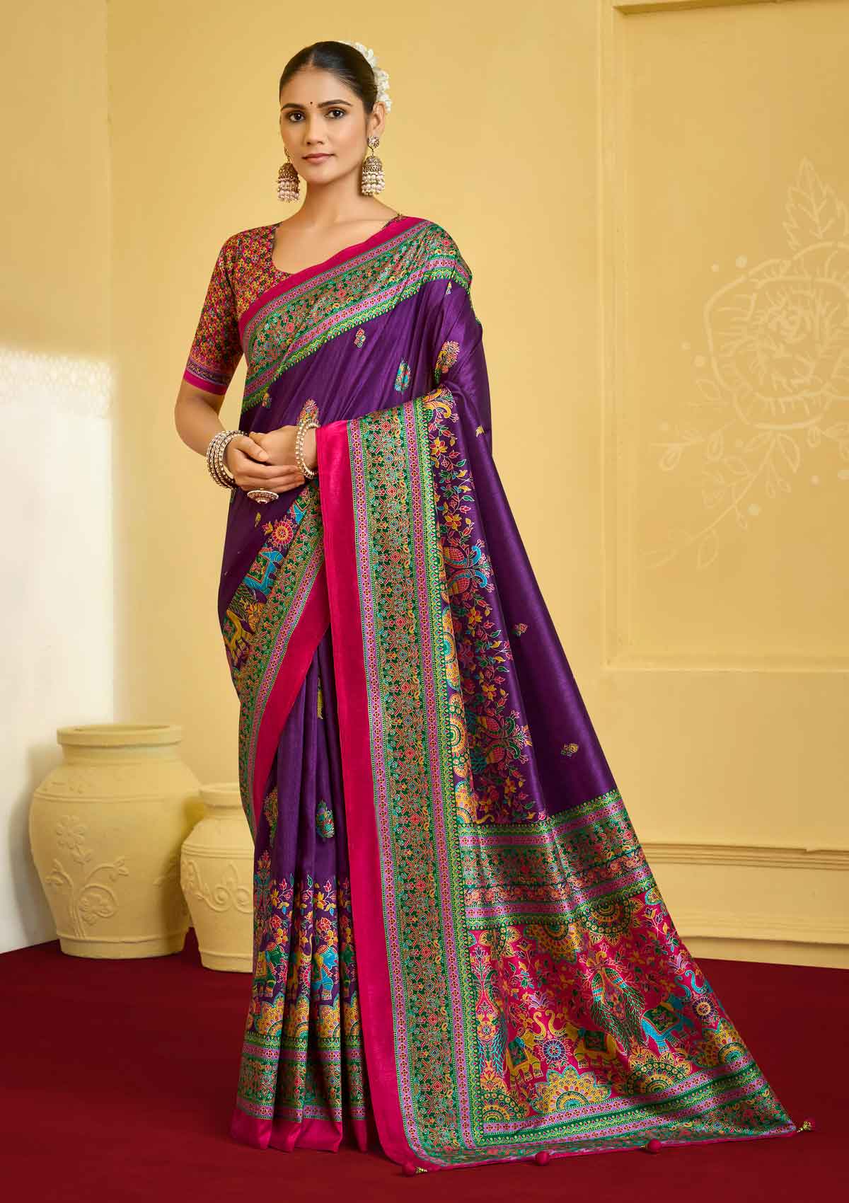 Kumuda - Purple Silk Printed Saree with Delicate Foil Work