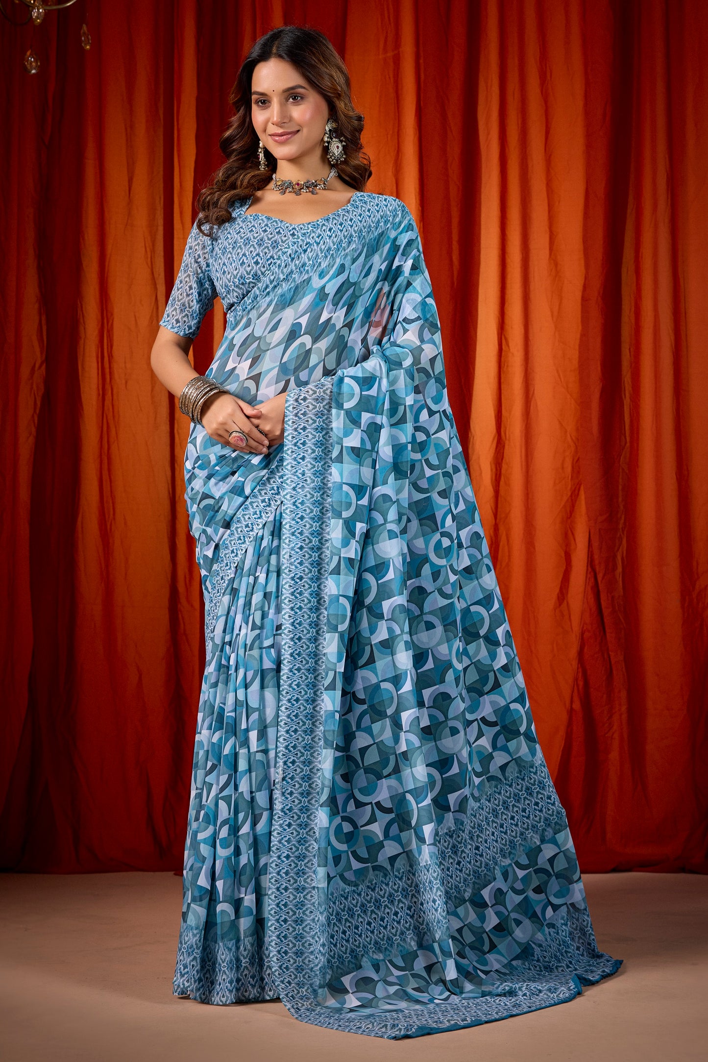 Shraddha - Cadet Blue Georgette Digital Printed Saree