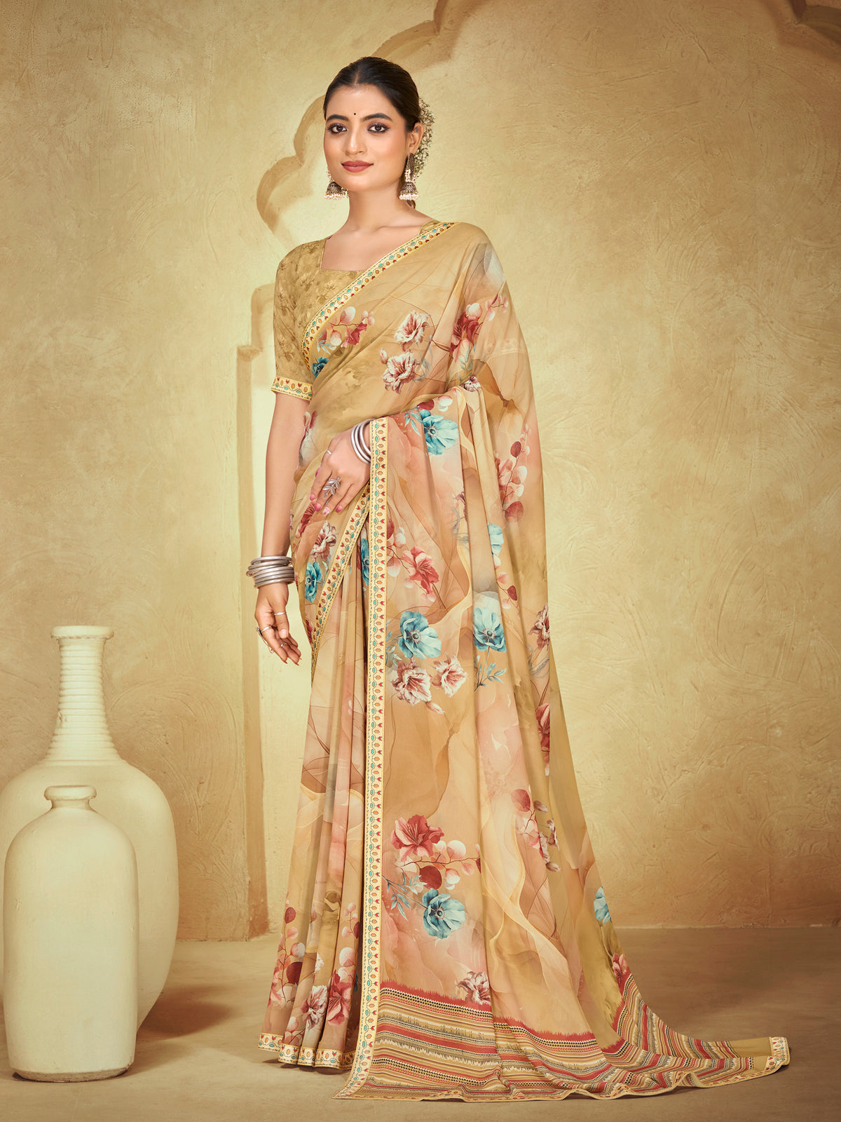 Sumedha - Beige Digital Printed Georgette Saree