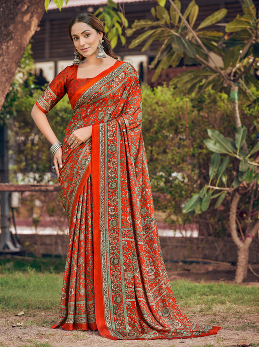 Rajkala - Brick Red Printed Crepe Silk Saree