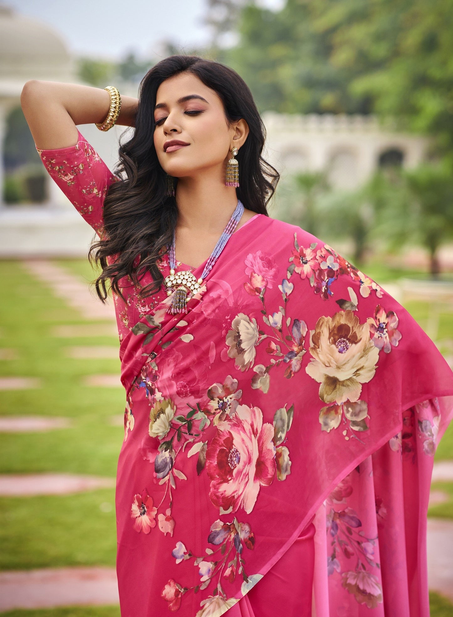 Twisha - Pink Georgette Floral Digital Printed Saree