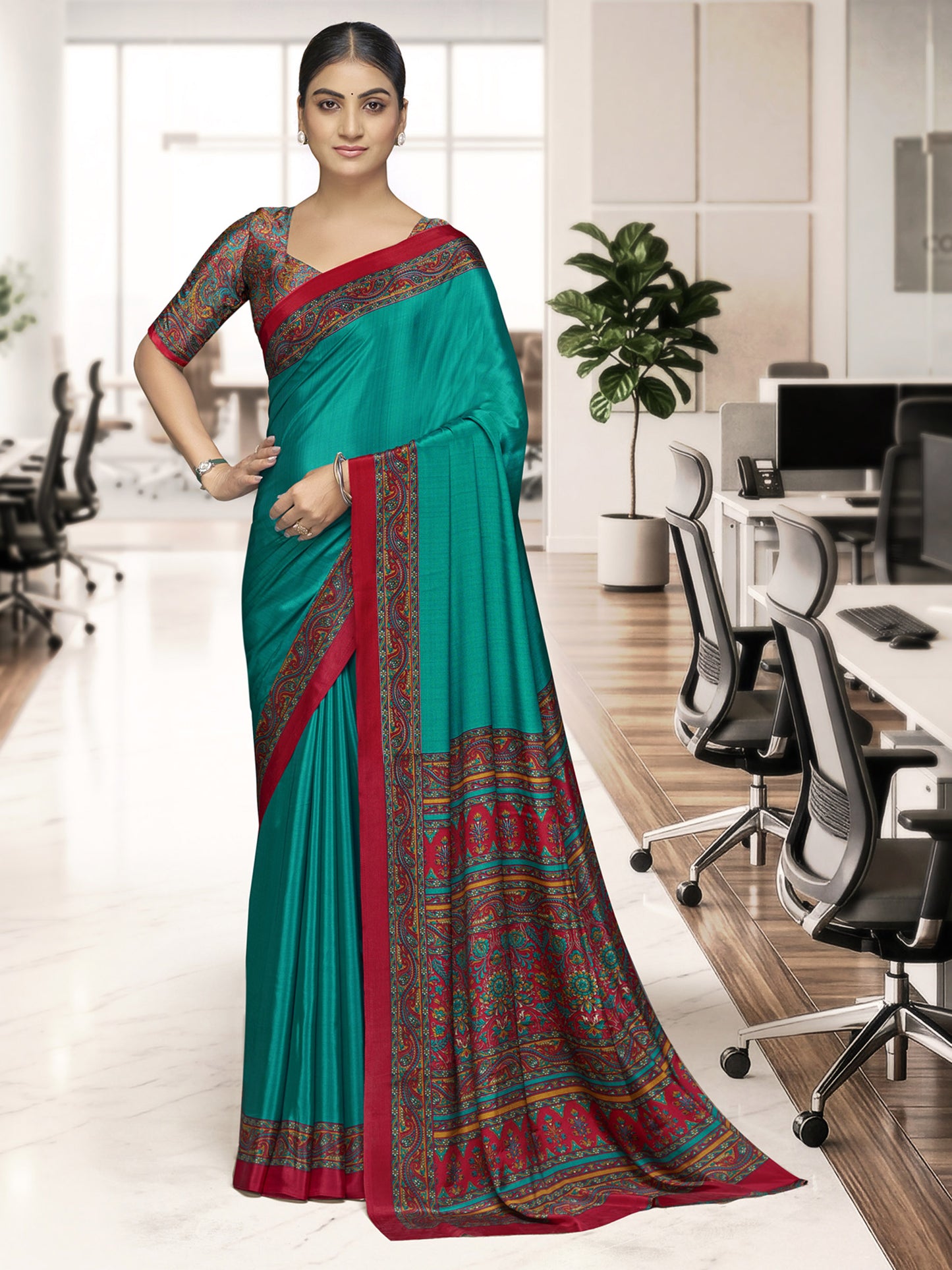 Chitrika - Turquoise Printed Crepe Silk Saree