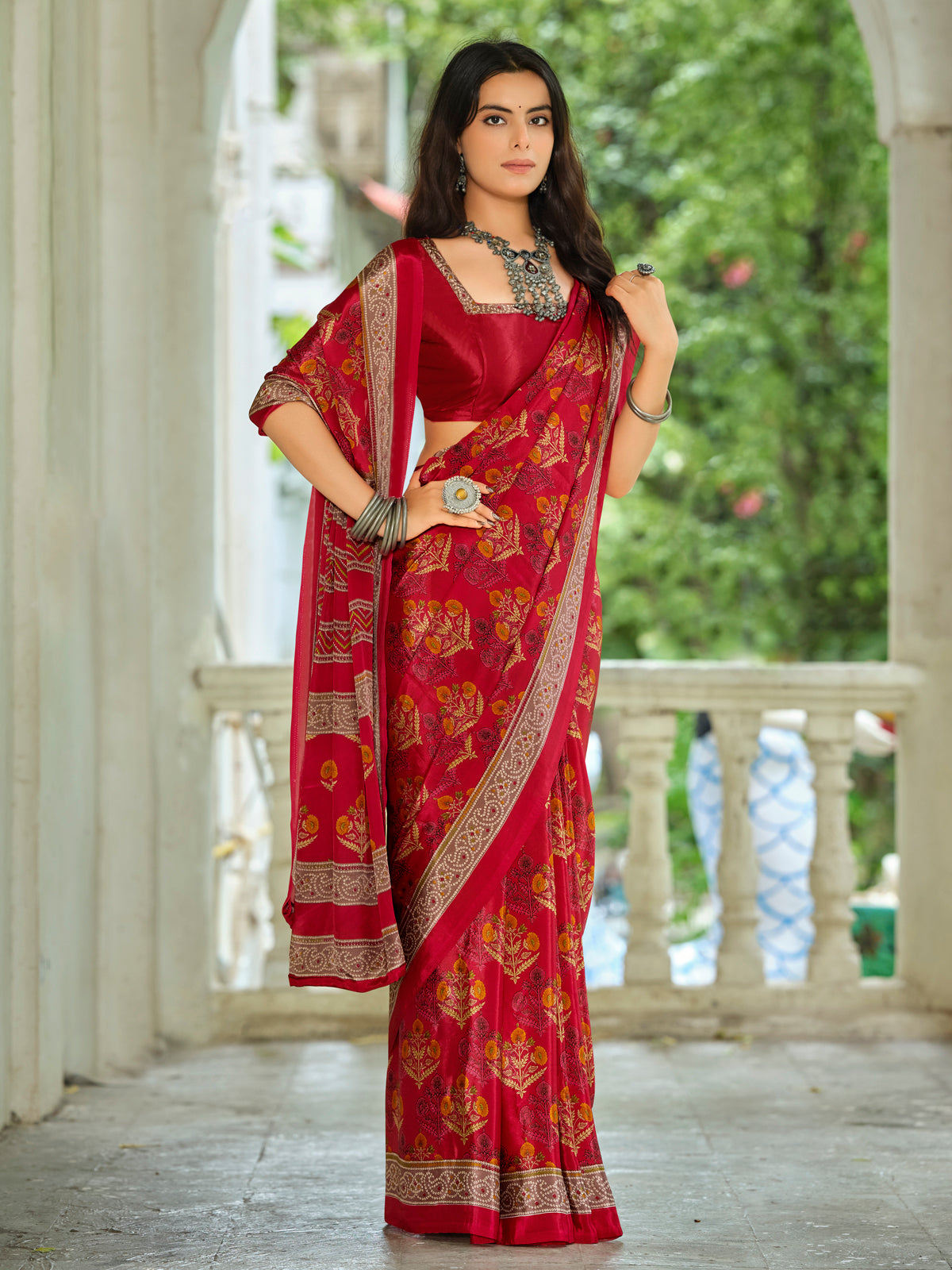 Rajkala - Red Printed Crepe Silk Saree