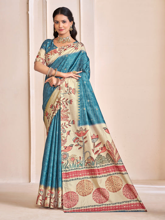 Rutvaa - Sea Blue Digital Printed Silk Saree
