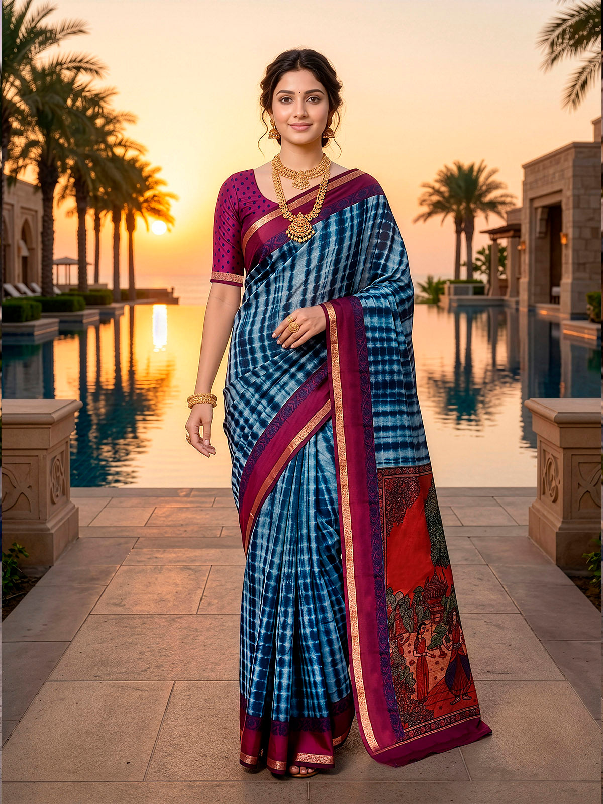 Monalisa - Blue Printed Liva Cotton Silk Saree