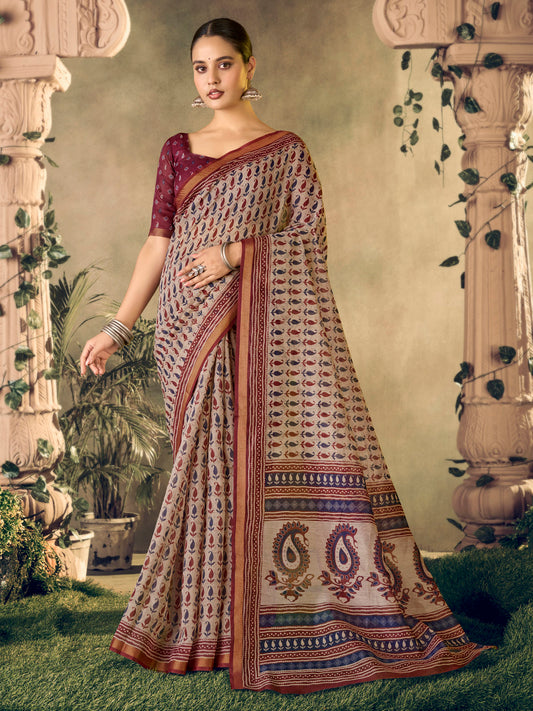 Amrapali - Beige Chanderi Cotton Digital Printed Saree with Zari Border