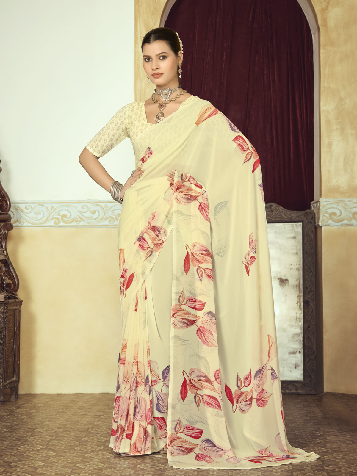 Riddhi - Cream Georgette Floral Digital Printed Saree