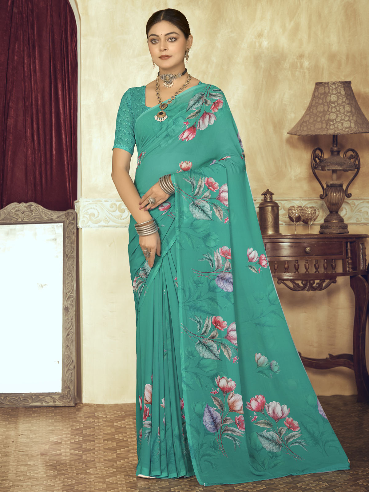 Riddhi - Turquoise Georgette Floral Digital Printed Saree