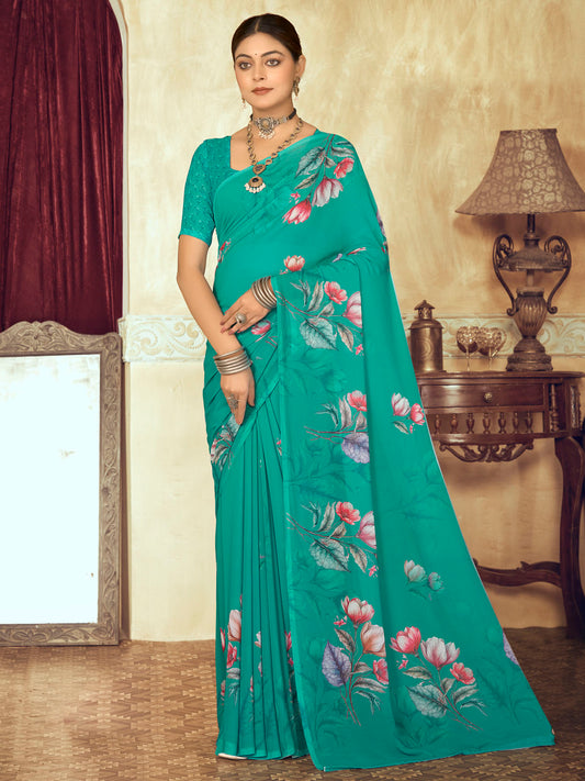 Riddhi - Turquoise Georgette Floral Digital Printed Saree