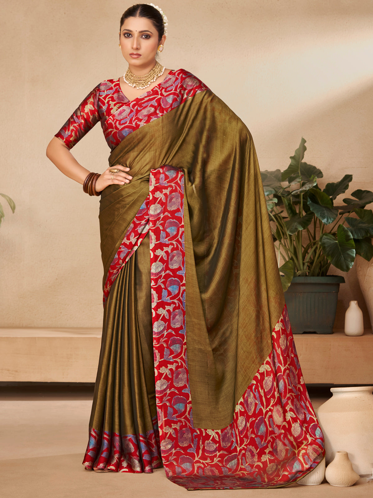 Ekvarna - Olive Green Printed Chiffon Saree