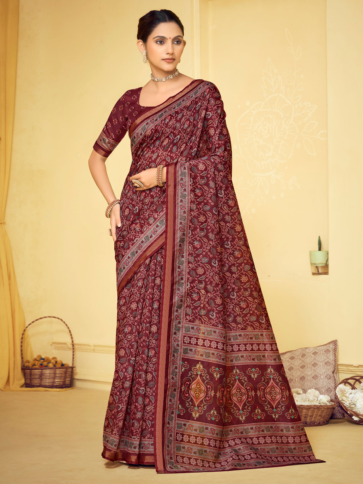 Amrapali - Red Chanderi Cotton Digital Printed Saree with Zari Border