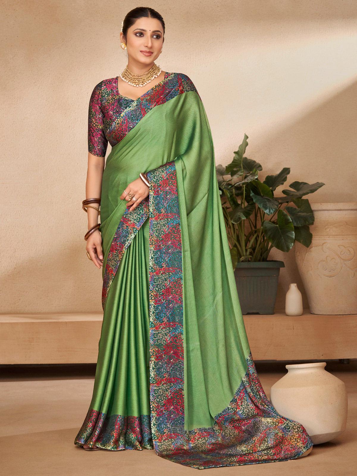 Ekvarna - Green Printed Chiffon Saree
