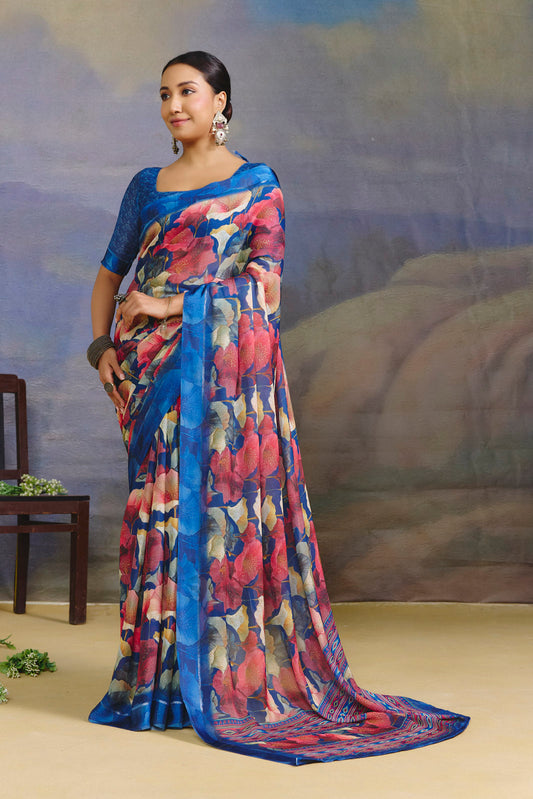 Samriddhi - Blue Moss Georgette Digital Print Saree with Satin Patta Border