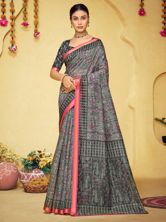 Amrapali - Grey Chanderi Cotton Digital Printed Saree with Zari Border