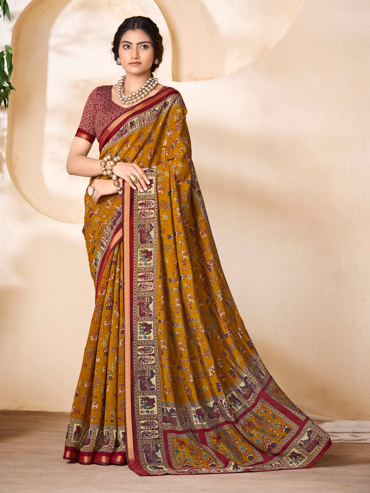 Monalisa - Yellow Chanderi Cotton Printed Saree with Classic Folk Art Print