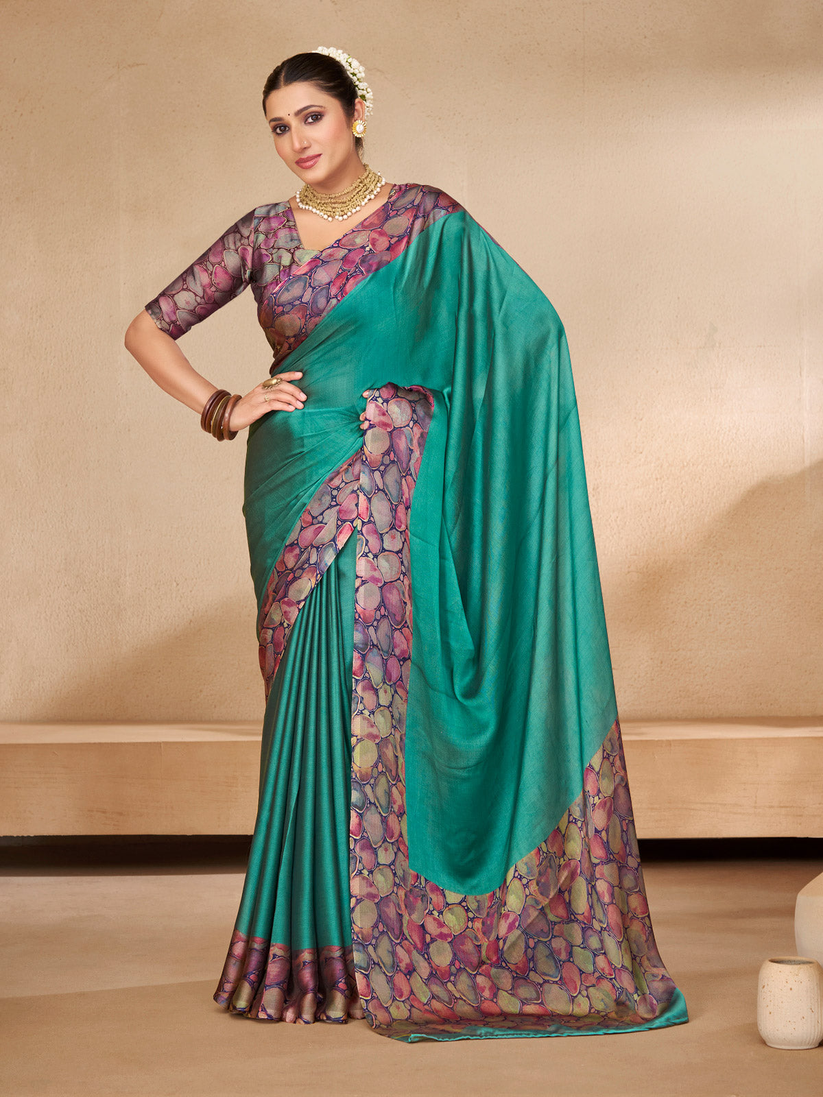 Ekvarna - Turquoise Printed Chiffon Saree