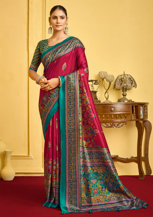 Kumuda - Red Silk Printed Saree with Delicate Foil Work