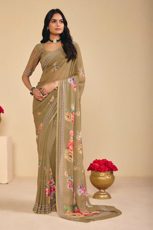 Twisha - Olive Green Georgette Digital Printed Saree
