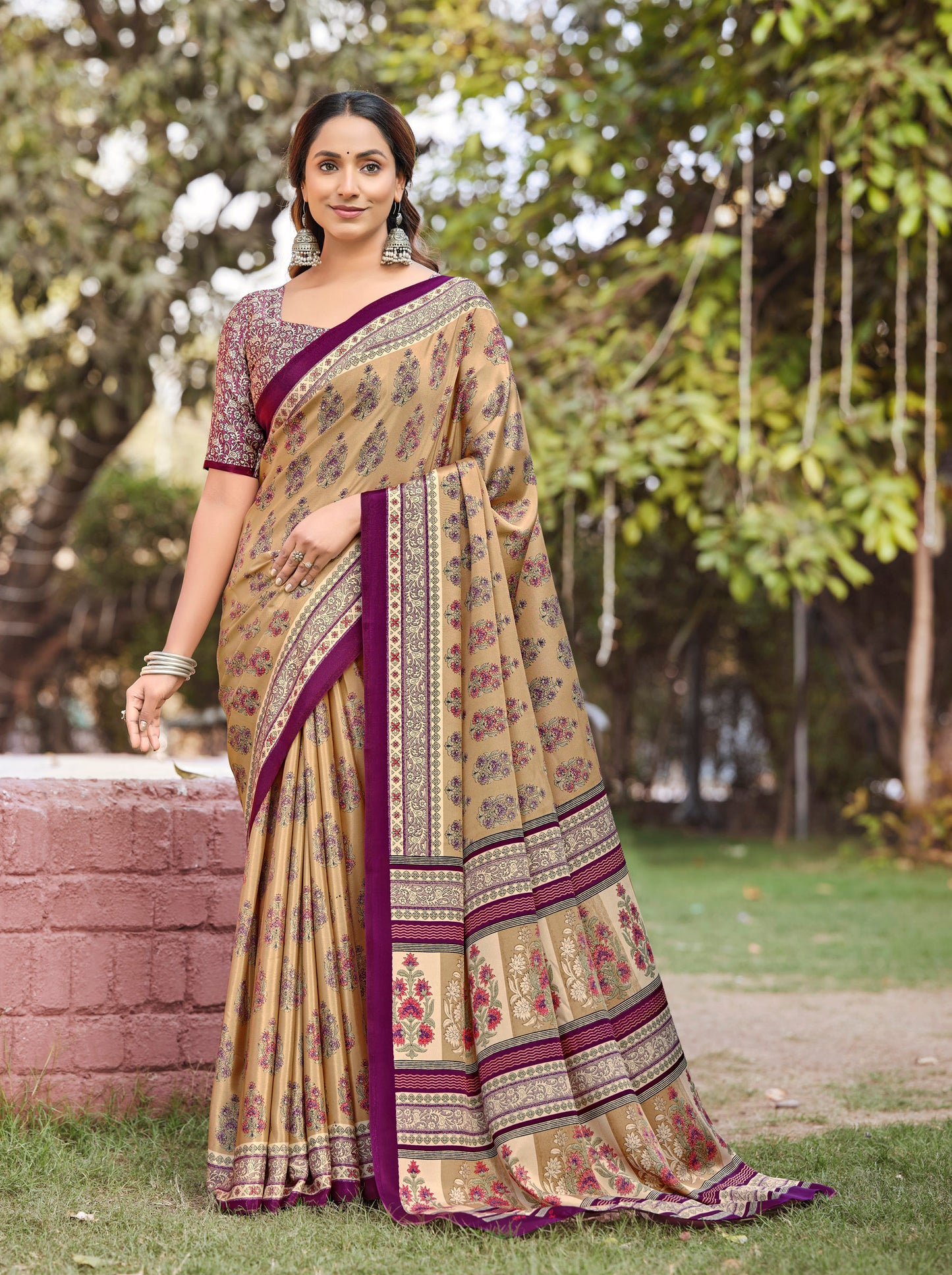Rajkala - Beige Printed Crepe Silk Saree