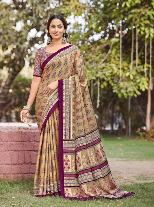 Rajkala - Beige Printed Crepe Silk Saree