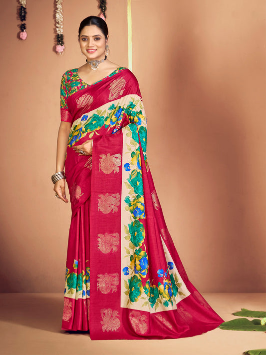 Rajkumari - Red Printed Soft Silk Saree with Silk Foil Work