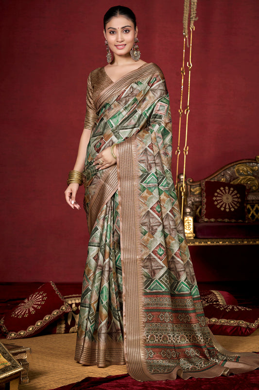 Veera - Multicolor Soft Silk Digital Printed Saree with Woven Border