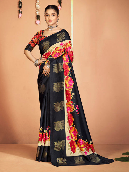 Rajkumari - Black Printed Soft Silk Saree with Silk Foil Work