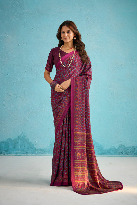 Rajkala - Navy Blue Floral Printed Crepe Silk Saree