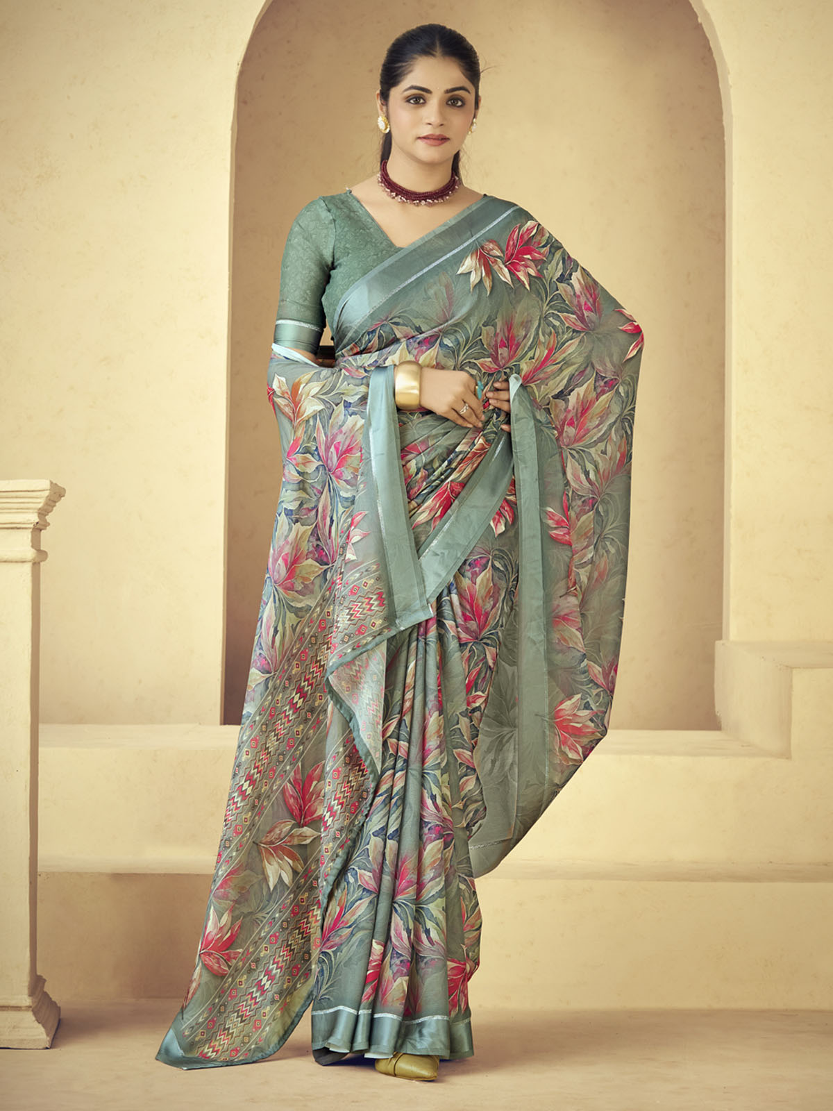 Samriddhi - Sage Green Moss Georgette Digital Print Saree with Satin Patta Border